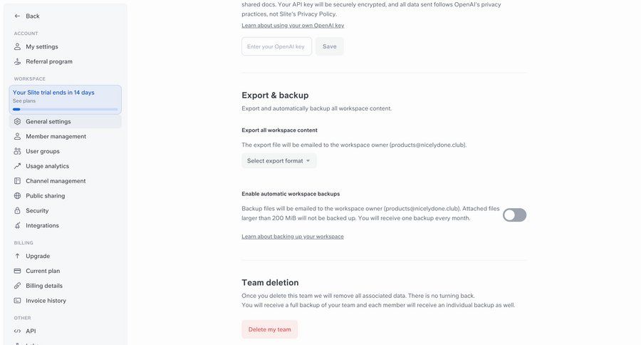 Slite
			settings form delete export workspace settings configuration settings workspace settings workspace management account settings sidebar ui page example
