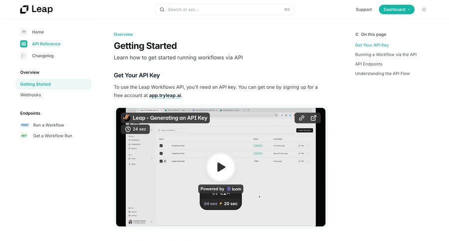 Leap
			 getting started free account doc documentation changelog docs version history ui page example