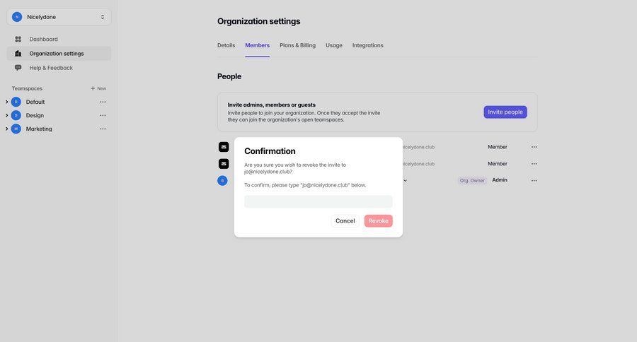 Tabular
			 configuration settings team collaboration user management account management confirmation permission management user invitation confirmation message organization settings ui page example