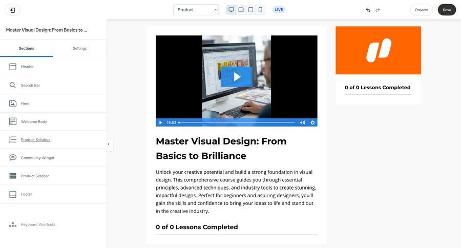 Kajabi
			 content management split view video player save changes content hierarchy course creation sidebar progress keyboard shortcuts shortcuts progress bar search bar ui page example