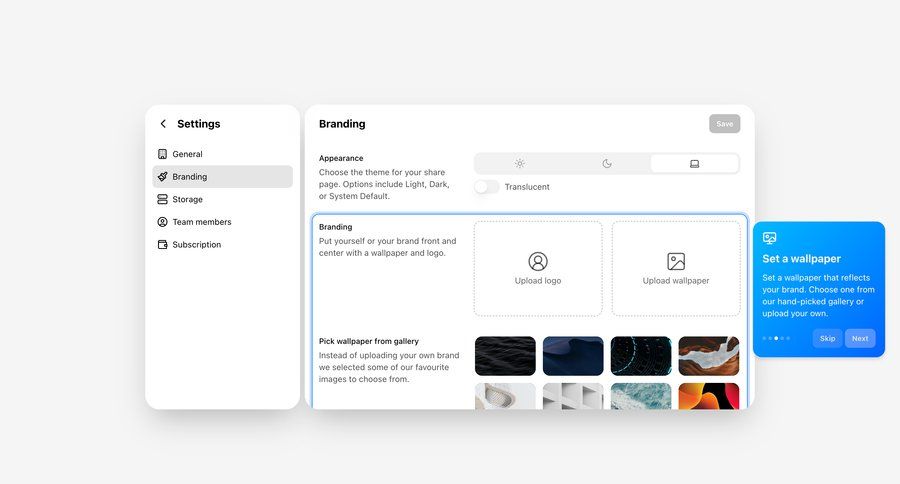 Shuttle
			 configuration settings grid onboarding full-screen layout sidebar parameters file picker ui page example