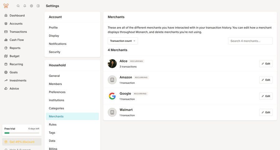 Monarch
			 settings finance billing history sidebar parameters transaction history ui page example