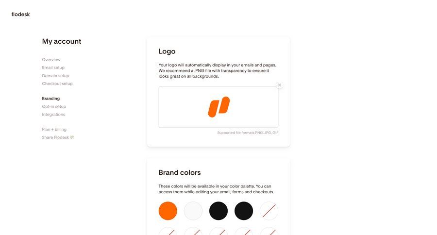Flodesk
			 configuration settings e-commerce sidebar navigation account management onboarding form account setup account settings form layout color palette media gallery assets media assets marketing website design file picker newsletter signup ui page example