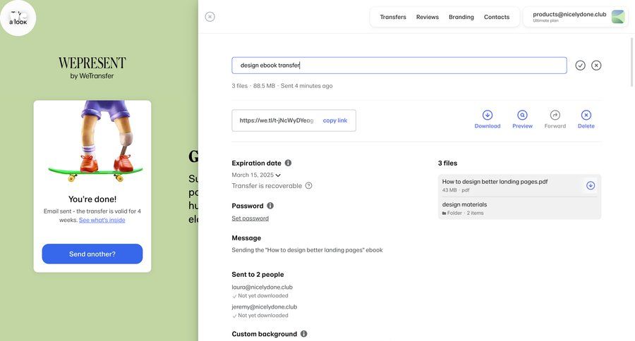 WeTransfer
			 collaboration delete file management upload image product details information page detail view item details info view file uploader upload file upload media upload documents download file picker toast notification summary ui page example