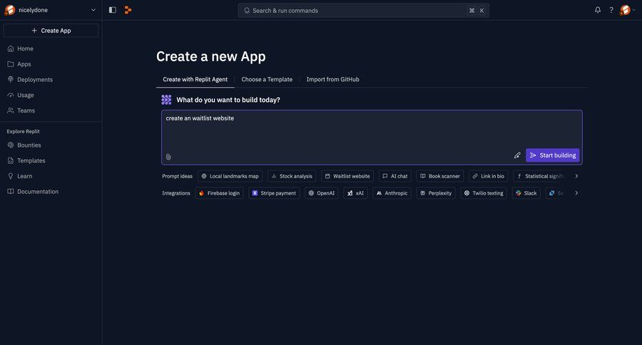 Replit
			 form full-screen layout template selection sidebar create generate import tool integration ui page example