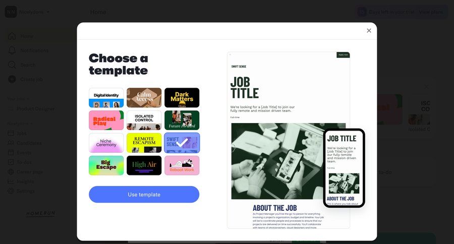 Homerun
			 modal screen preview panel rounded corners template selection ui page example
