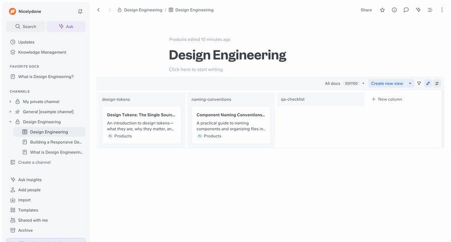 Slite
			 dashboard sidebar navigation kanban board document management knowledge base trial banner document list create article documentation ui page example