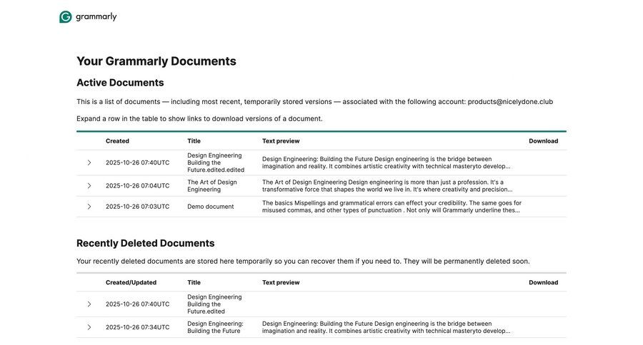 Grammarly
			 data export version control ui page example