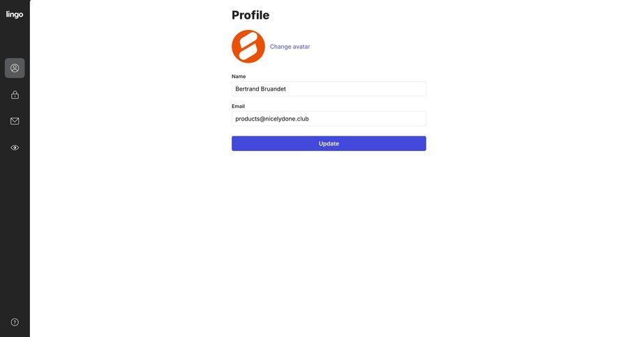 Lingo
			profile settings form account settings settings sidebar navigation onboarding form account setup user settings user account full-screen layout profile management user profile update ui page example