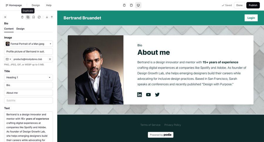 Podia
			 content management editor design upload image duplicate summary profile creation ui page example