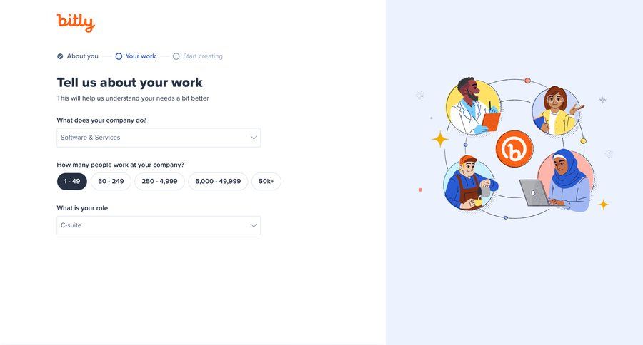 Bitly
			 onboarding form account setup progress indicator account creation full-screen layout user profile setup on boarding progress progress bar ui page example