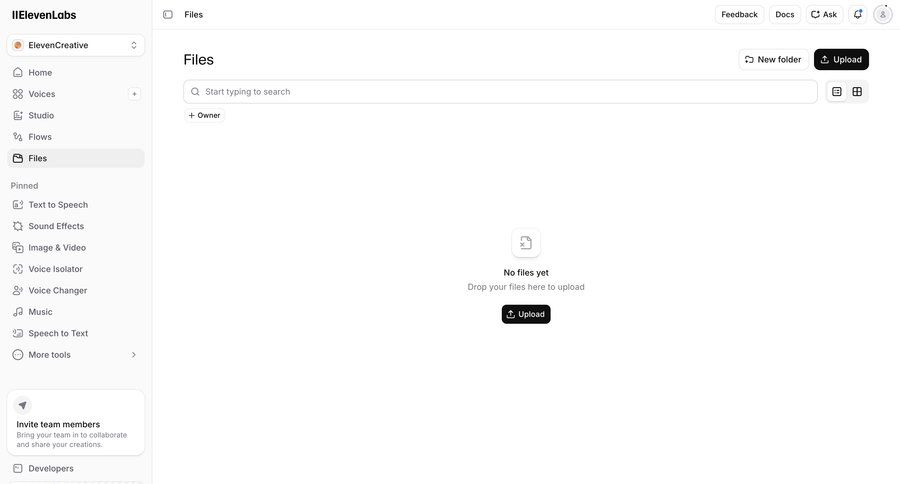 Elevenlabs
			 sidebar navigation file upload ui page example