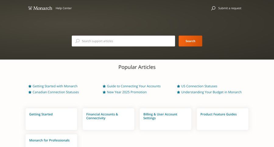 Monarch
				support / help center ui page example