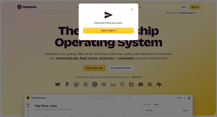 Outseta
			modal & popover success state modal screen grid confirmation login sign in email confirmation confirmation message ui page example