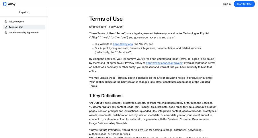 Alloy
				terms & conditions ui page example