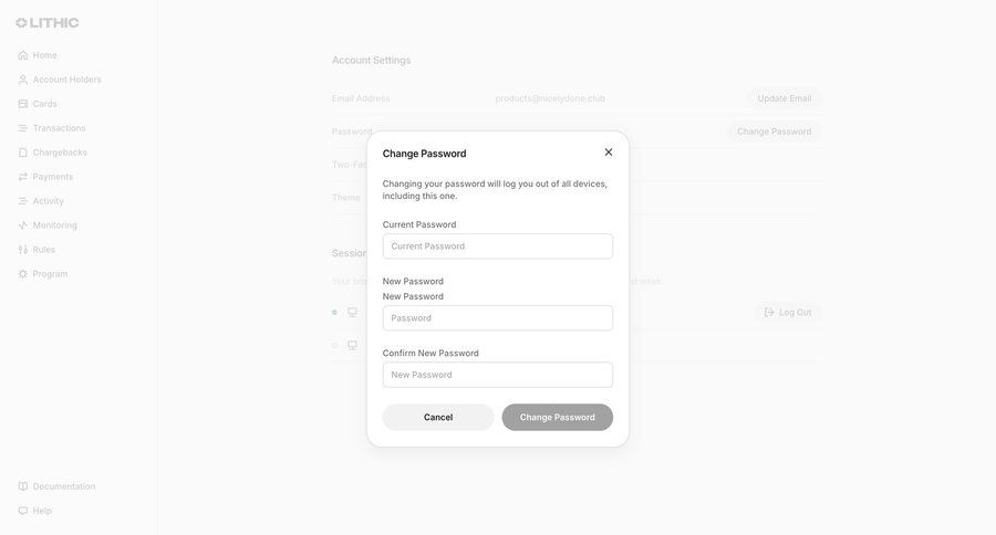 Lithic
			 account settings account security password update ui page example