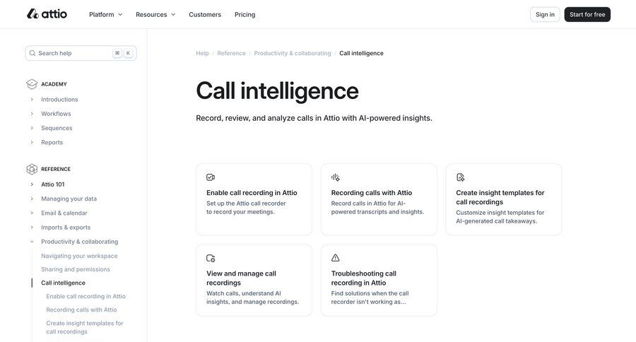 Attio
			 knowledge base call recording call intelligence documentation ui page example