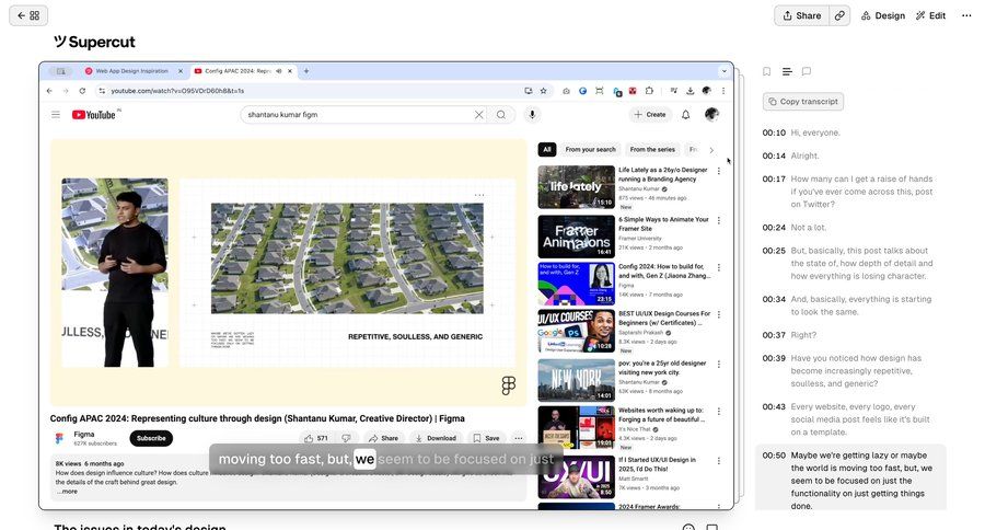 Supercut
			player gallery content design video player call transcript sidebar image gallery media gallery photo gallery media assets transcript ui page example