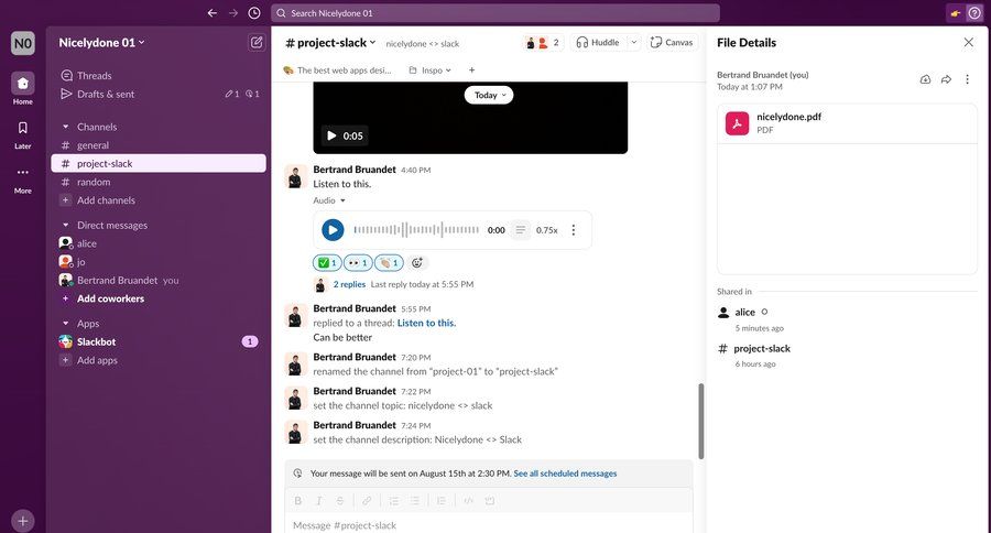 Slack
			 collaboration sidebar navigation file upload project collaboration three-column grid rounded corners sidebar message communication chat menu recent activity social feed activity stream file uploader conversational avatar upload ui page example