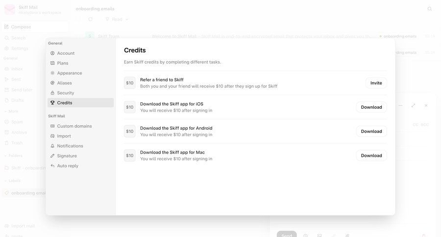 Skiff
			 modal screen settings onboarding account setup credits download ui page example