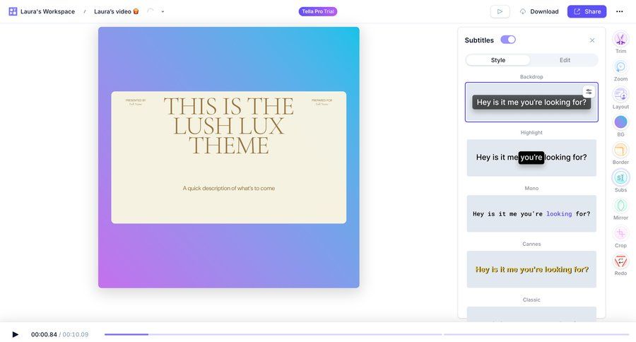 Tella
			 editor style customization video editor typography sidebar menu modern ui page example