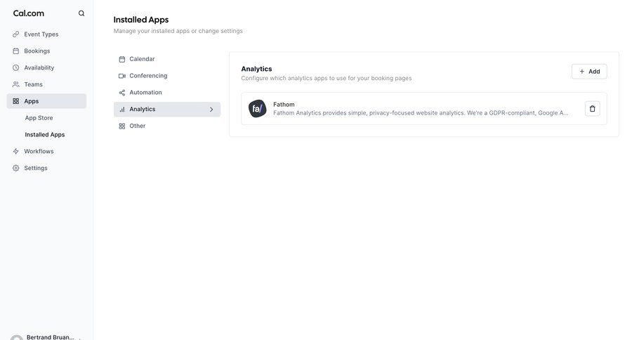 Cal.com
			 modern sidebar settings sidebar navigation analytics configuration list management analytics integration ui page example