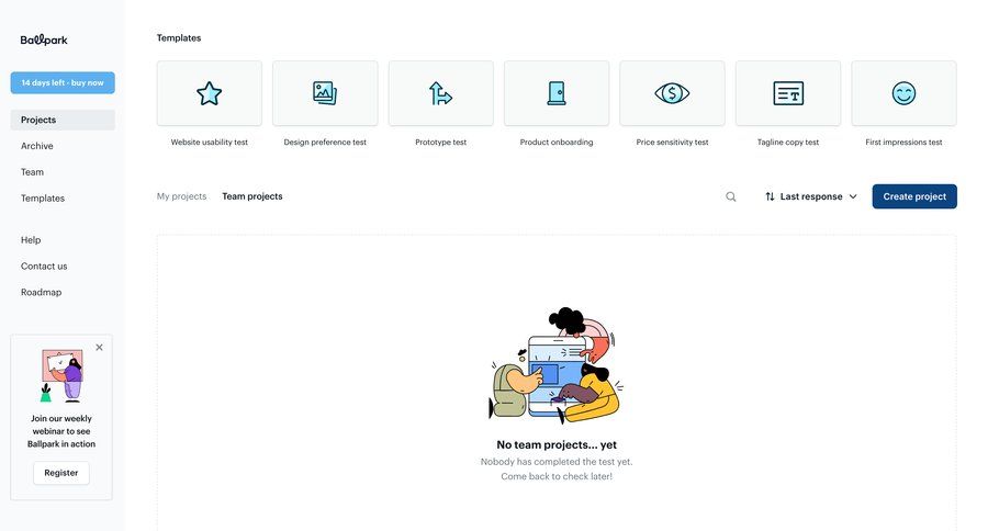 Ballpark
			 modal screen team collaboration dashboard sidebar navigation project management grid user research template library project creation template selection empty state illustration dropdown filters sidebar blank state void blank non-ideal state empty page prompt contextual help ui page example