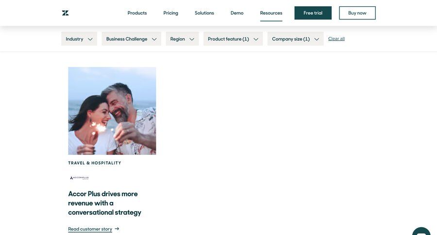 Zendesk
			 dropdown filters customer success testimonials case studies customer stories content discovery ui page example