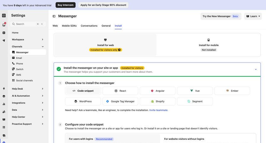 Intercom
			 modern customer support settings configuration setup code snippet email verification sdk integration trial banner ui page example