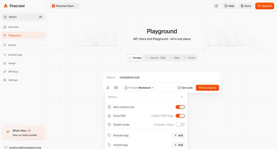 Firecrawl
			 configuration settings form sidebar ui page example