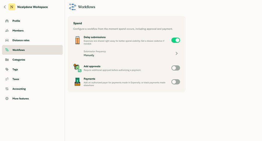 Expensify
			 configuration settings sidebar navigation workflow workspace settings finance workflow automation workflow configuration expense management sidebar ui page example