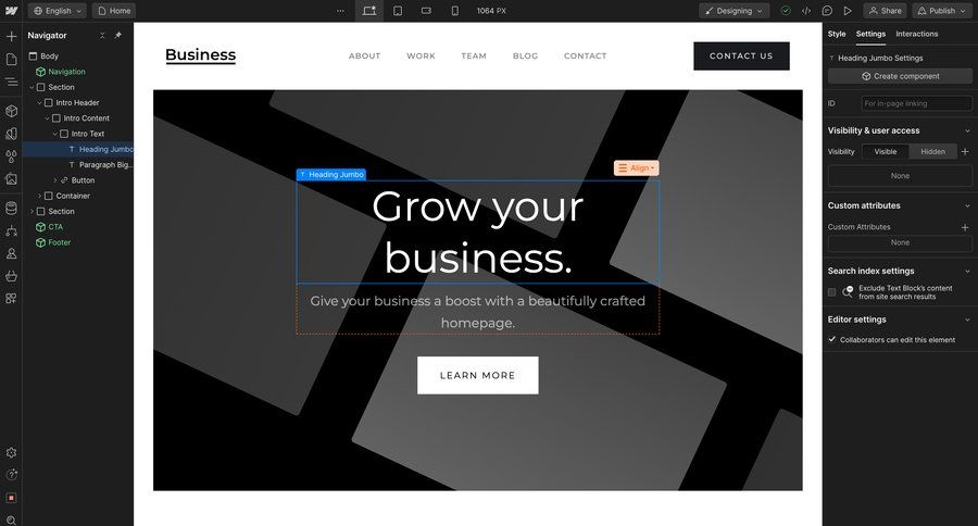 Webflow
			 content management sidebar navigation editor design tree view real-time preview drag and drop content hierarchy modern search results ui page example