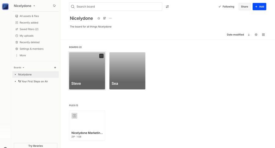 Air
			 collaboration dashboard sidebar navigation project management grid file management file organization full-screen layout file list screen sidebar ui page example