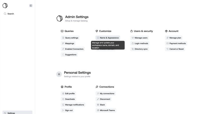 Qatalog
			 configuration settings sidebar navigation user management account management workspace settings customize account settings payment method sidebar menu location map search suggestions suggestion ui page example