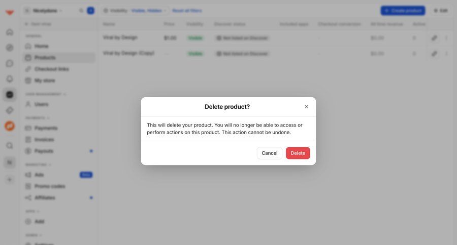 Whop
			 data management e-commerce delete confirmation confirmation screen cancel action confirmation message ui page example