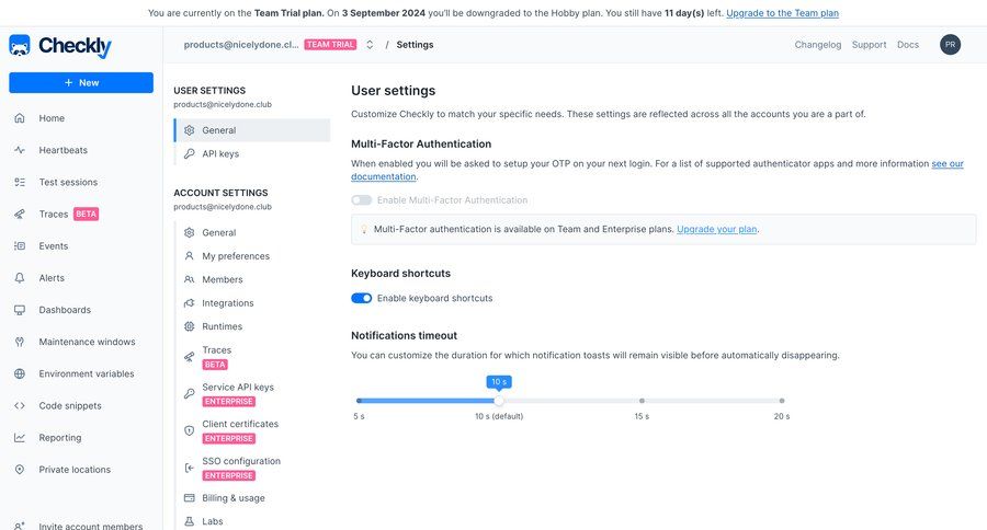 Checkly
			 configuration settings sidebar navigation user management account management form account setup user settings account security account settings sidebar keyboard shortcuts shortcuts enterprise enterprise settings notification settings security configuration ui page example