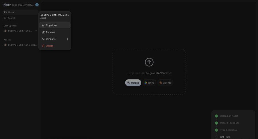 Flask
			 collaboration dashboard sidebar navigation progress indicator file upload file management feedback collection minimalist design three-column grid sidebar upload file assets modern ui page example
