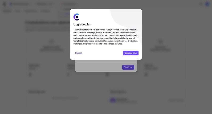 Clerk
			 modal screen user management user settings modal dialog authentication upgrade modal user permissions call to action security pay paywall ui page example