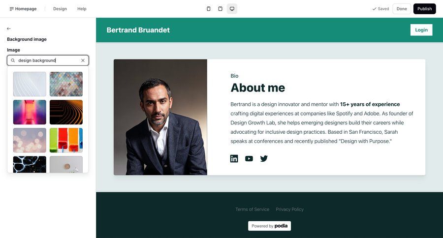 Podia
			 editor design image gallery profile page ui page example