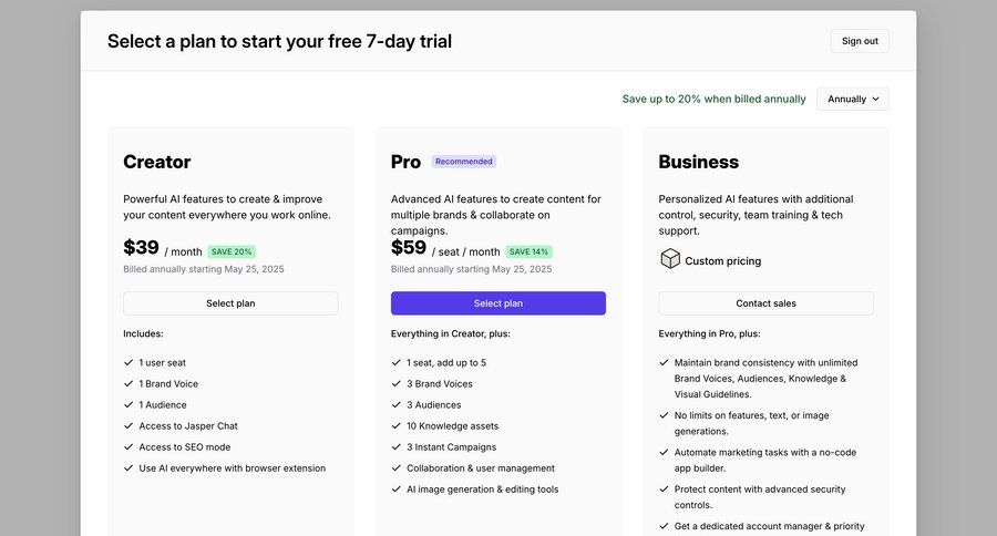 Jasper
			 artificial intelligence plan comparison ui page example