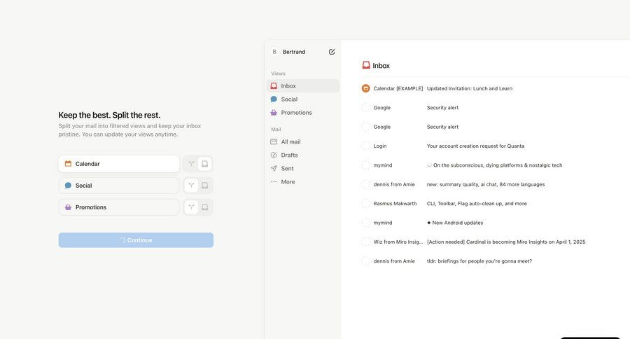 Notion Mail
			 sidebar navigation onboarding automation full-screen layout email management email inbox lists setup communication controls ui page example