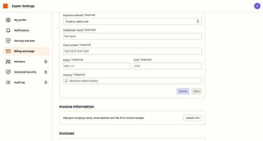 Zapier
			 settings form account setup account settings subscription management sidebar update ui page example