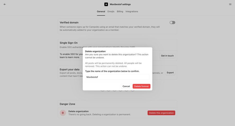 Campsite
			 modal screen data management settings account management grid form account settings cancel deletion confirmation message data security ui page example