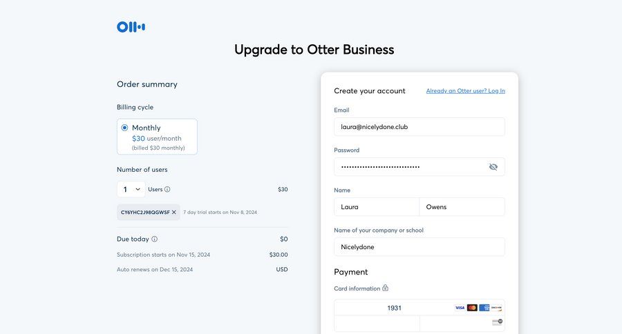 Otter
			 account management form account creation account settings subscription management pay paywall tips accordion pay bill order tracking pricing calculator summary payment processing ui page example
