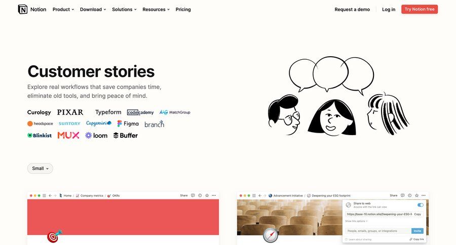 Notion
			 workflow management content blocks modal finance call to action testimonials case studies customer stories modern rule engine ui page example