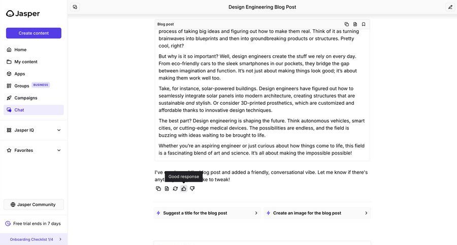 Jasper
			 sidebar navigation artificial intelligence editor full-screen layout minimalist design sidebar chat menu blog post chat interface ui page example