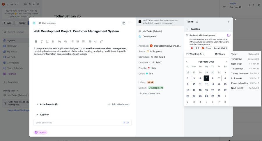Motion
			 task management dashboard sidebar navigation project management project tracking product details information page detail view item details date picker info view time selector project dashboard ui page example