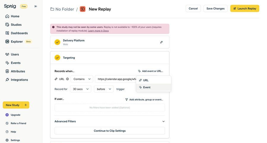 Sprig
			 configuration sidebar navigation form user research form layout save changes dropdown filters sidebar alert create setup advanced search ui page example