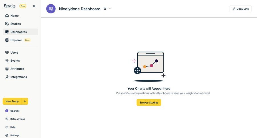 Sprig
			 dashboard sidebar navigation user research data analysis dashboard overview empty state illustration sidebar blank state void blank non-ideal state empty page prompt research data visualization analytics ui page example