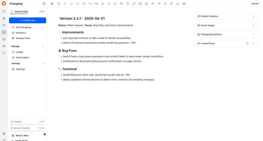 FeatureOS
			 sidebar navigation full-screen layout lists product update changelog version history ui page example
